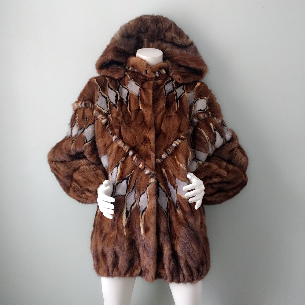 Quilted Patchwork Mink Fur Batwing Hooded Bomber M - Picture 3 of 8